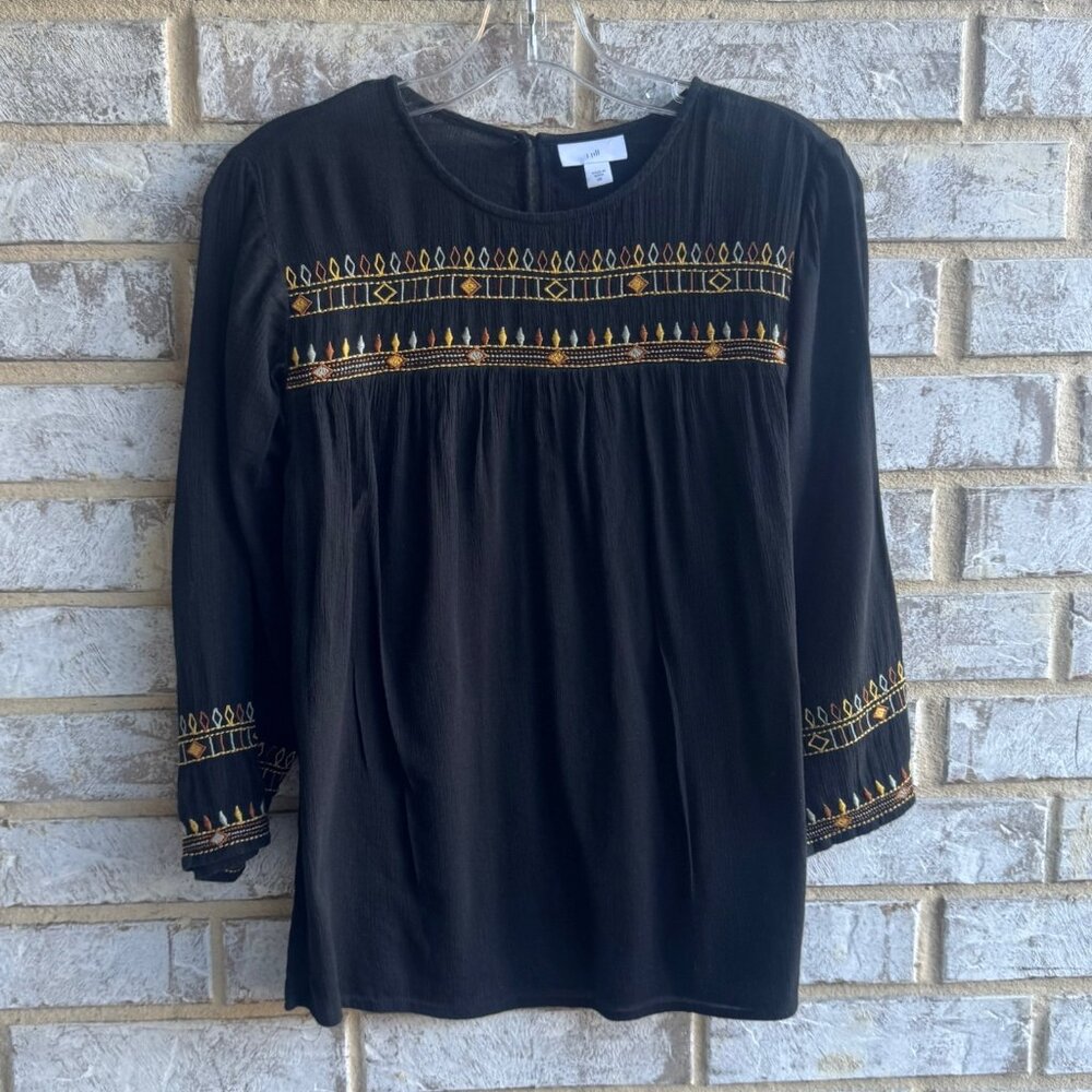 J.Jill 3/4 Sleeve Round Neck Embroidered Boho Blouse Size XS.